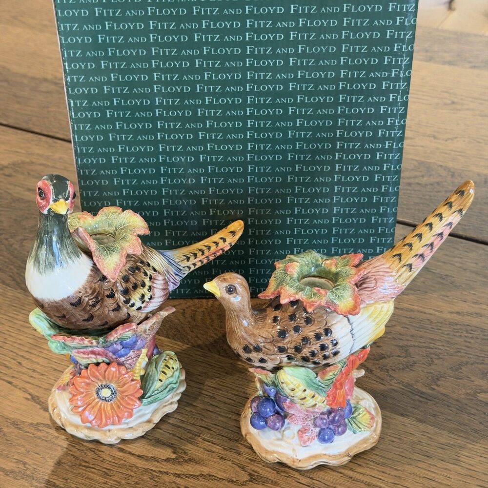 Fitz and Floyd Autumn Bounty Figural Pheasant Candle Holders Set Of 2 Vintage